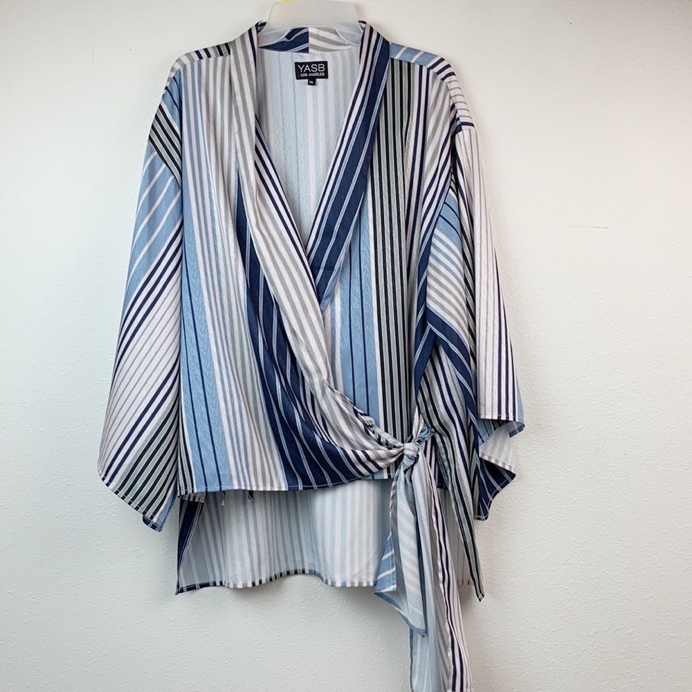 YASB, Kimono sleeve belted wrap around high low silky striped V neck blouse EUC